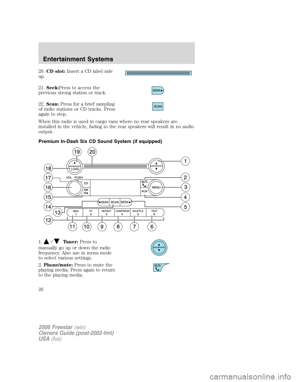 FORD FREESTAR 2006 1.G Owners Manual 20.CD slot:Insert a CD label side
up.
21.Seek:Press to access the
previous strong station or track.
22.Scan:Press for a brief sampling
of radio stations or CD tracks. Press
again to stop.
When this ra FORD FREESTAR 2006 1.G Owners Manual 20.CD slot:Insert a CD label side
up.
21.Seek:Press to access the
previous strong station or track.
22.Scan:Press for a brief sampling
of radio stations or CD tracks. Press
again to stop.
When this ra