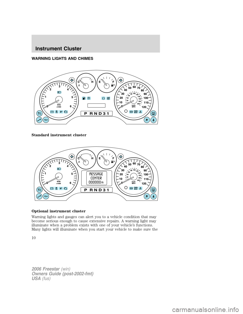 FORD FREESTAR 2006 1.G Owners Manual WARNING LIGHTS AND CHIMES
Standard instrument cluster
Optional instrument cluster
Warning lights and gauges can alert you to a vehicle condition that may
become serious enough to cause extensive repai FORD FREESTAR 2006 1.G Owners Manual WARNING LIGHTS AND CHIMES
Standard instrument cluster
Optional instrument cluster
Warning lights and gauges can alert you to a vehicle condition that may
become serious enough to cause extensive repai