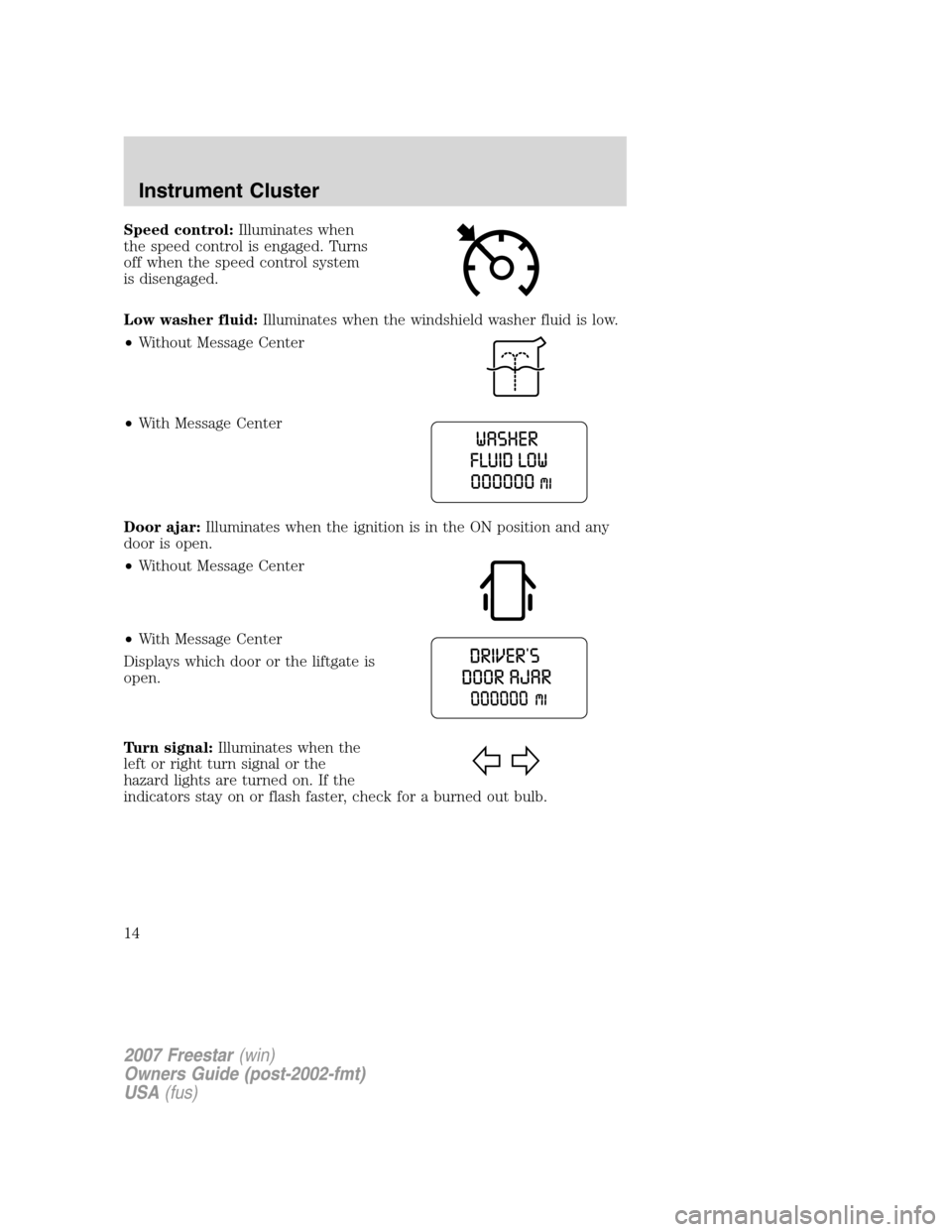 FORD FREESTAR 2007 1.G Owners Manual Speed control:Illuminates when
the speed control is engaged. Turns
off when the speed control system
is disengaged.
Low washer fluid:Illuminates when the windshield washer fluid is low.
•Without Mes