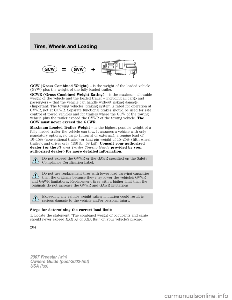 FORD FREESTAR 2007 1.G Owners Manual GCW (Gross Combined Weight)– is the weight of the loaded vehicle
(GVW) plus the weight of the fully loaded trailer.
GCWR (Gross Combined Weight Rating)– is the maximum allowable
weight of the vehi