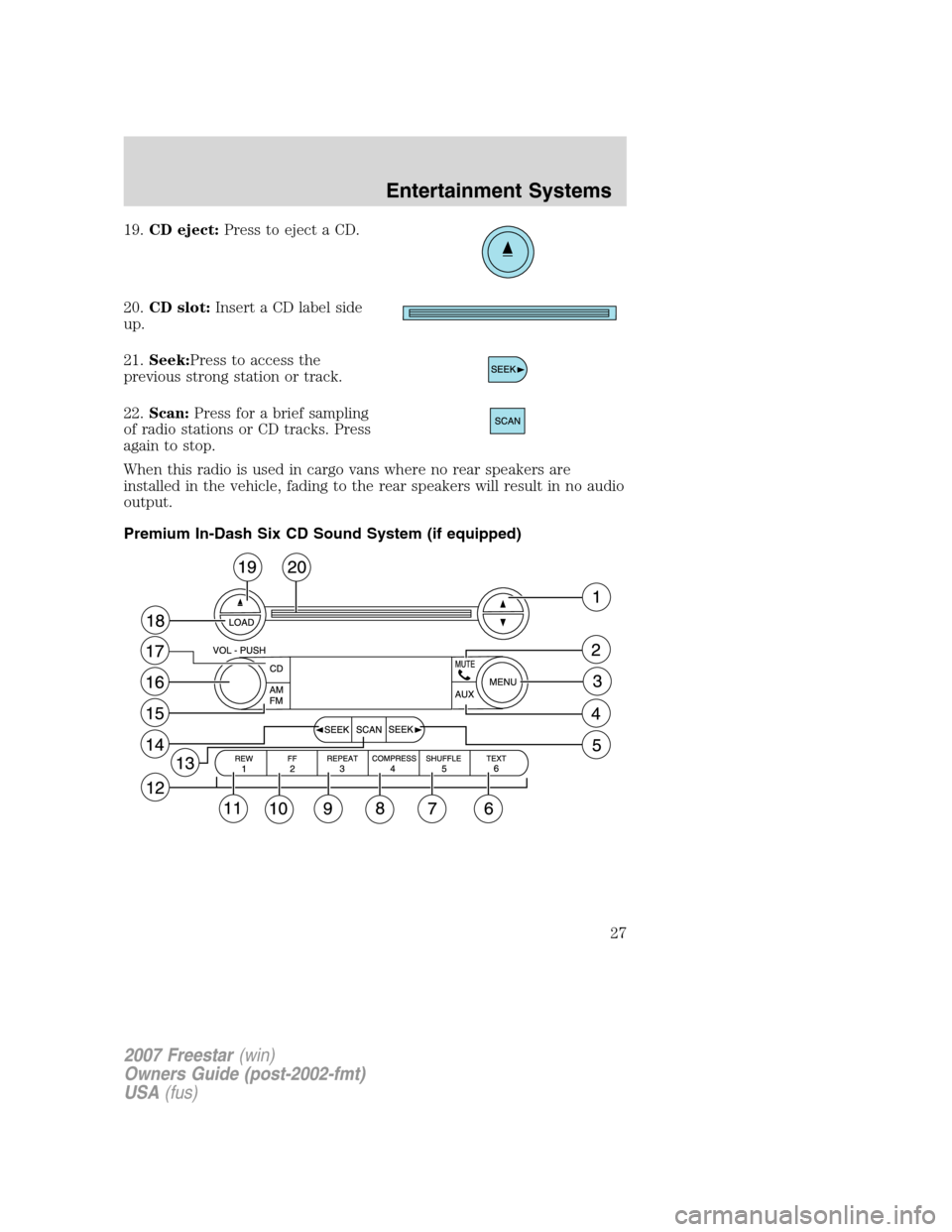 FORD FREESTAR 2007 1.G Owners Manual 19.CD eject:Press to eject a CD.
20.CD slot:Insert a CD label side
up.
21.Seek:Press to access the
previous strong station or track.
22.Scan:Press for a brief sampling
of radio stations or CD tracks. FORD FREESTAR 2007 1.G Owners Manual 19.CD eject:Press to eject a CD.
20.CD slot:Insert a CD label side
up.
21.Seek:Press to access the
previous strong station or track.
22.Scan:Press for a brief sampling
of radio stations or CD tracks.