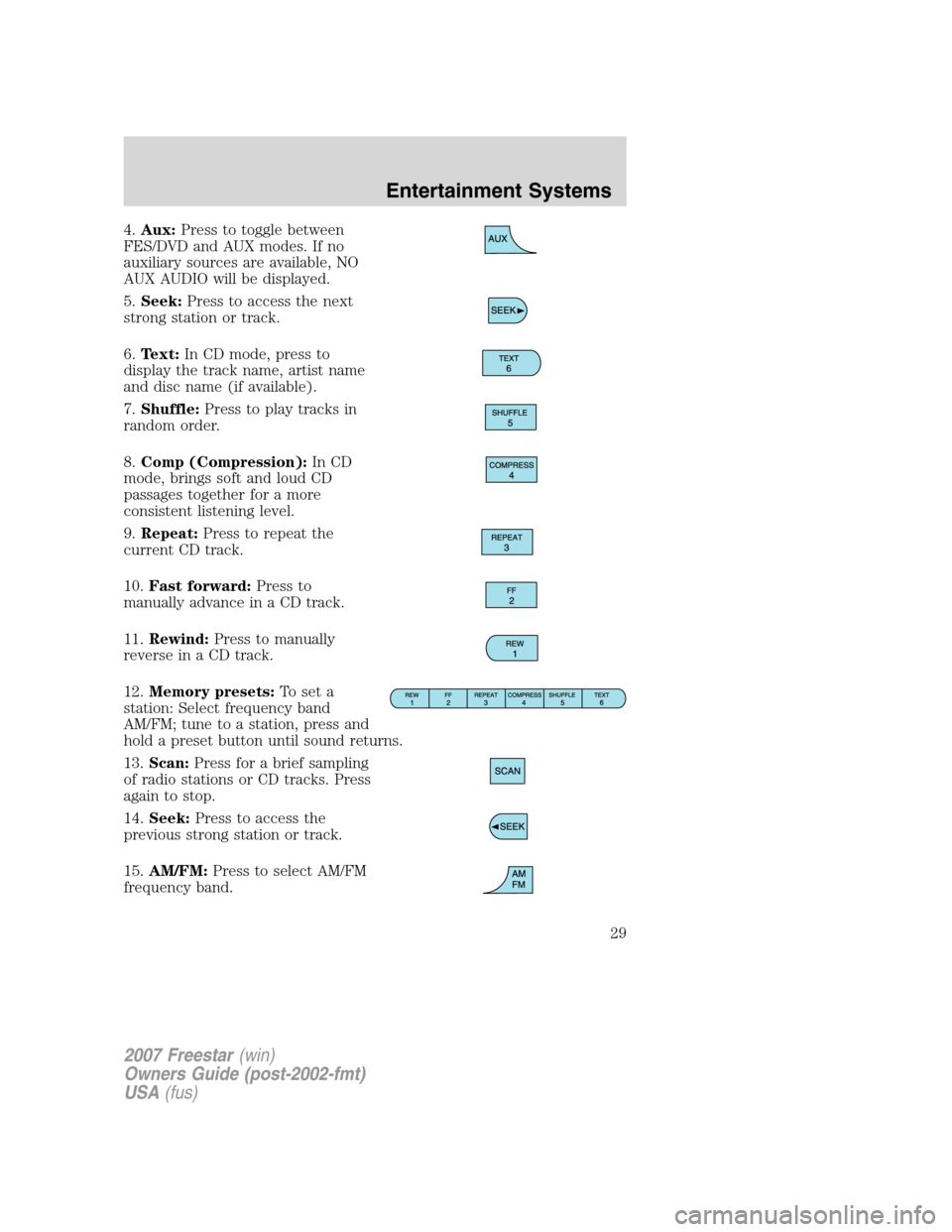 FORD FREESTAR 2007 1.G Owners Manual 4.Aux:Press to toggle between
FES/DVD and AUX modes. If no
auxiliary sources are available, NO
AUX AUDIO will be displayed.
5.Seek:Press to access the next
strong station or track.
6.Text:In CD mode, FORD FREESTAR 2007 1.G Owners Manual 4.Aux:Press to toggle between
FES/DVD and AUX modes. If no
auxiliary sources are available, NO
AUX AUDIO will be displayed.
5.Seek:Press to access the next
strong station or track.
6.Text:In CD mode,