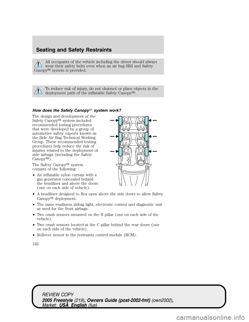 FORD FREESTYLE 2005 1.G User Guide All occupants of the vehicle including the driver should always
wear their safety belts even when an air bag SRS and Safety
Canopysystem is provided.
To reduce risk of injury, do not obstruct or plac