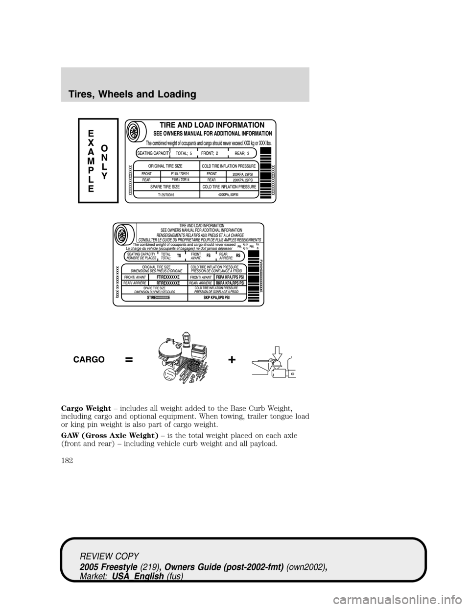FORD FREESTYLE 2005 1.G Owners Manual Cargo Weight–includes all weight added to the Base Curb Weight,
including cargo and optional equipment. When towing, trailer tongue load
or king pin weight is also part of cargo weight.
GAW (Gross A FORD FREESTYLE 2005 1.G Owners Manual Cargo Weight–includes all weight added to the Base Curb Weight,
including cargo and optional equipment. When towing, trailer tongue load
or king pin weight is also part of cargo weight.
GAW (Gross A