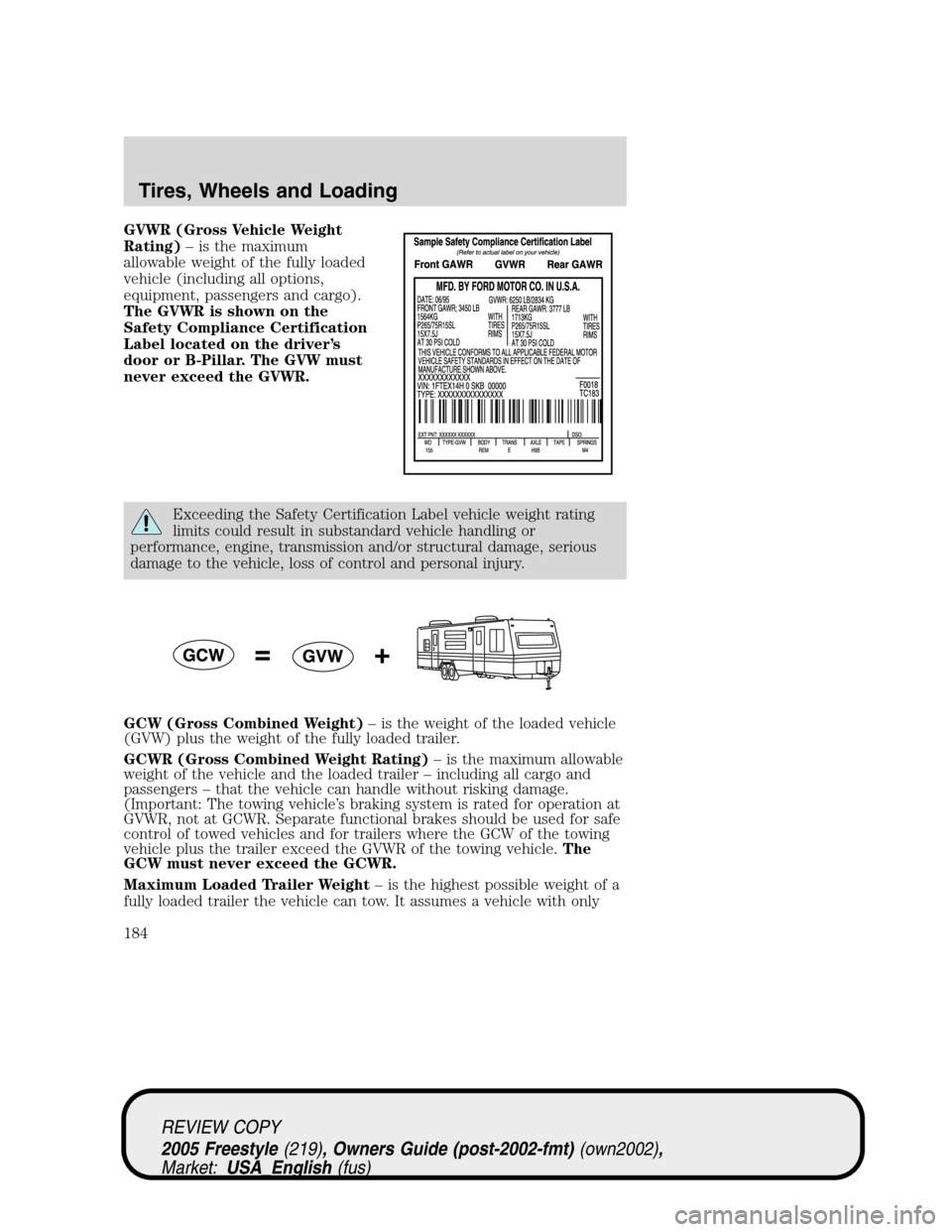 FORD FREESTYLE 2005 1.G Owners Manual GVWR (Gross Vehicle Weight
Rating)–is the maximum
allowable weight of the fully loaded
vehicle (including all options,
equipment, passengers and cargo).
The GVWR is shown on the
Safety Compliance Ce FORD FREESTYLE 2005 1.G Owners Manual GVWR (Gross Vehicle Weight
Rating)–is the maximum
allowable weight of the fully loaded
vehicle (including all options,
equipment, passengers and cargo).
The GVWR is shown on the
Safety Compliance Ce