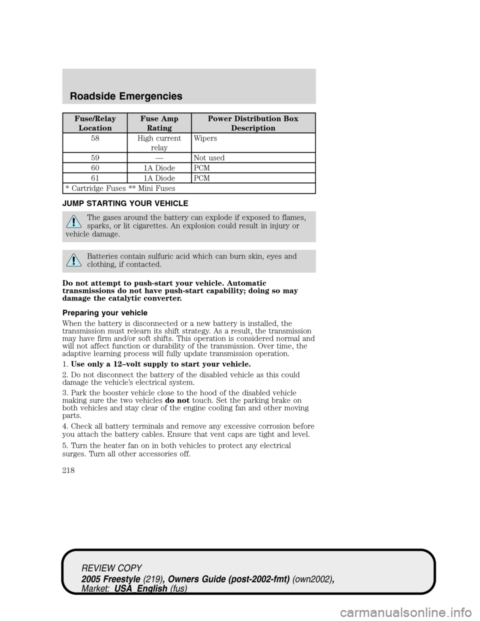 FORD FREESTYLE 2005 1.G Owners Manual Fuse/Relay
LocationFuse Amp
RatingPower Distribution Box
Description
58 High current
relayWipers
59—Not used
60 1A Diode PCM
61 1A Diode PCM
* Cartridge Fuses ** Mini Fuses
JUMP STARTING YOUR VEHICL FORD FREESTYLE 2005 1.G Owners Manual Fuse/Relay
LocationFuse Amp
RatingPower Distribution Box
Description
58 High current
relayWipers
59—Not used
60 1A Diode PCM
61 1A Diode PCM
* Cartridge Fuses ** Mini Fuses
JUMP STARTING YOUR VEHICL