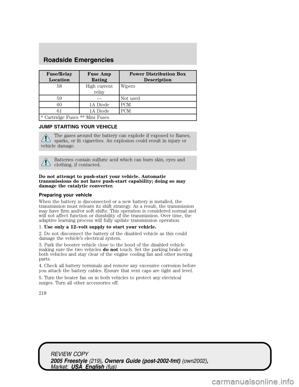 FORD FREESTYLE 2005 1.G Owners Manual Fuse/Relay
LocationFuse Amp
RatingPower Distribution Box
Description
58 High current
relayWipers
59—Not used
60 1A Diode PCM
61 1A Diode PCM
* Cartridge Fuses ** Mini Fuses
JUMP STARTING YOUR VEHICL