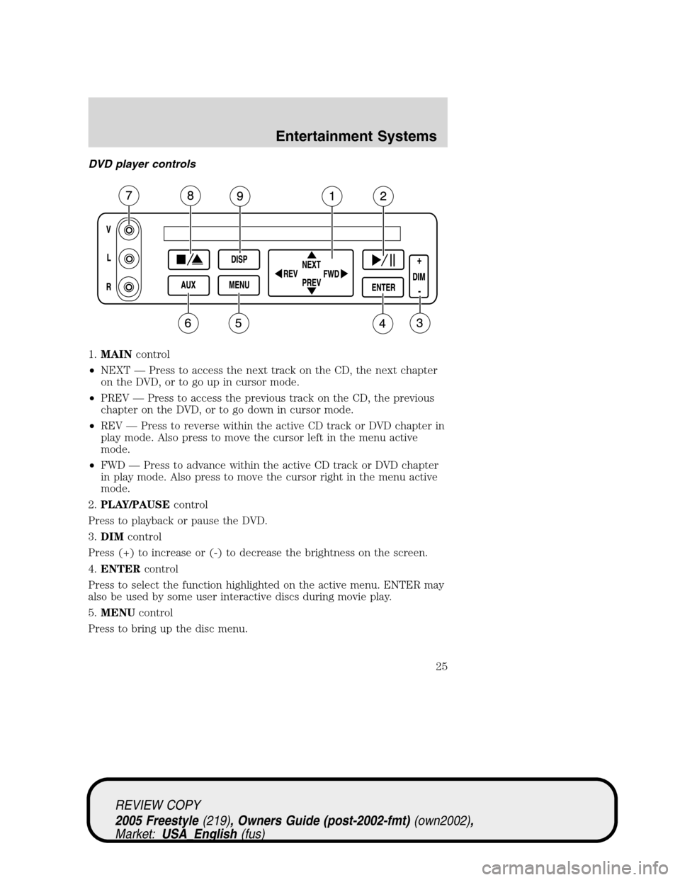 FORD FREESTYLE 2005 1.G Owners Manual DVD player controls
1.MAINcontrol
•NEXT—Press to access the next track on the CD, the next chapter
on the DVD, or to go up in cursor mode.
•PREV—Press to access the previous track on the CD, t