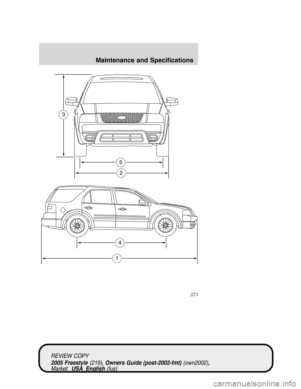 FORD FREESTYLE 2005 1.G Owners Manual 5
2
3
4
1
REVIEW COPY
2005 Freestyle(219), Owners Guide (post-2002-fmt)(own2002),
Market:USA_English(fus)
Maintenance and Specifications
273 