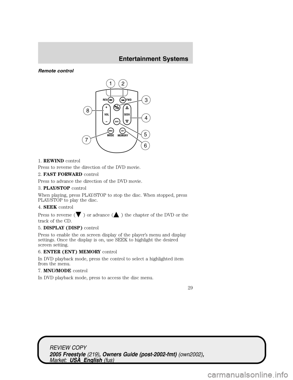 FORD FREESTYLE 2005 1.G Owners Manual Remote control
1.REWINDcontrol
Press to reverse the direction of the DVD movie.
2.FAST FORWARDcontrol
Press to advance the direction of the DVD movie.
3.PLAY/STOPcontrol
When playing, press PLAY/STOP 