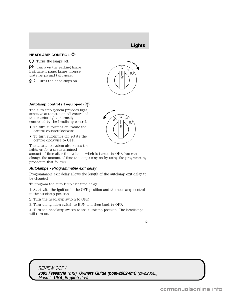 FORD FREESTYLE 2005 1.G Owners Manual HEADLAMP CONTROL
Turns the lamps off.
Turns on the parking lamps,
instrument panel lamps, license
plate lamps and tail lamps.
Turns the headlamps on.
Autolamp control (if equipped)
The autolamp system