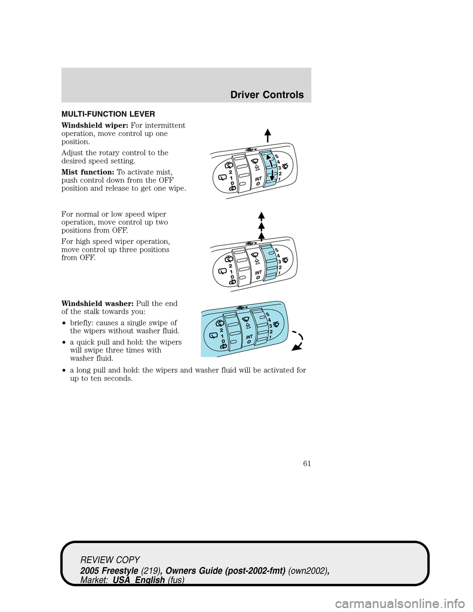 FORD FREESTYLE 2005 1.G Repair Manual MULTI-FUNCTION LEVER
Windshield wiper:For intermittent
operation, move control up one
position.
Adjust the rotary control to the
desired speed setting.
Mist function:To activate mist,
push control dow