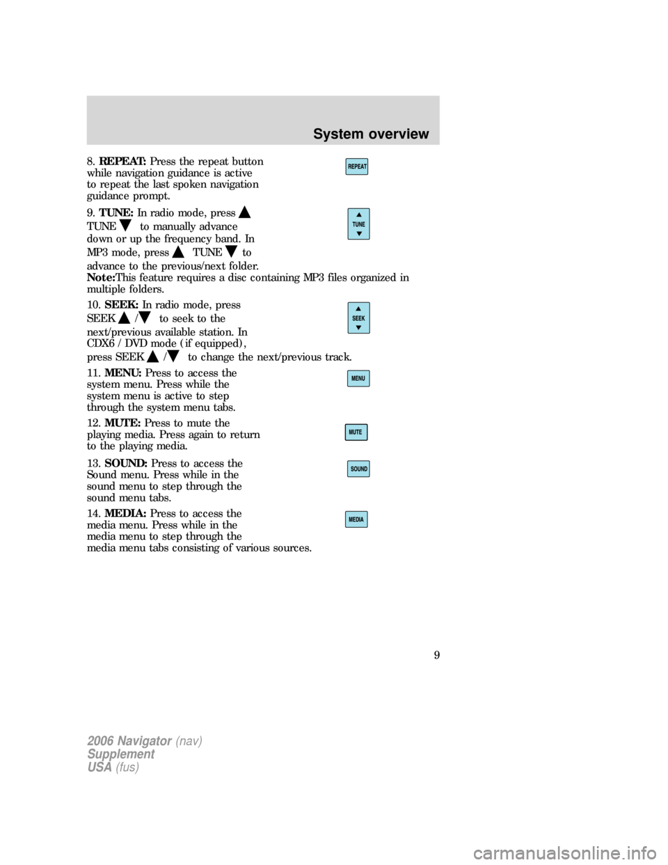 FORD FREESTYLE 2006 1.G Navigation System Manual 8.REPEAT:Press the repeat button
while navigation guidance is active
to repeat the last spoken navigation
guidance prompt.
9.TUNE:In radio mode, press
TUNEto manually advance
down or up the frequency 