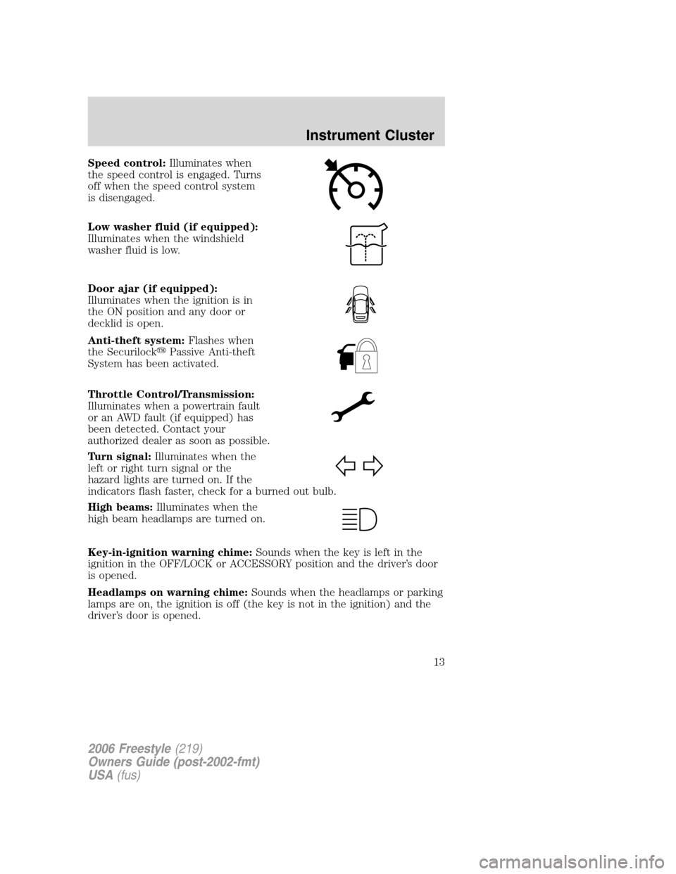 FORD FREESTYLE 2006 1.G Owners Manual Speed control:Illuminates when
the speed control is engaged. Turns
off when the speed control system
is disengaged.
Low washer fluid (if equipped):
Illuminates when the windshield
washer fluid is low.