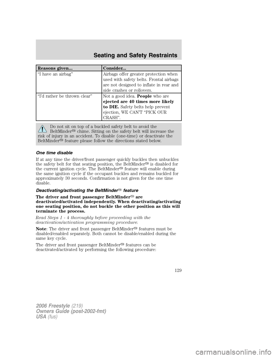 FORD FREESTYLE 2006 1.G Owners Manual Reasons given... Consider...
“I have an airbag” Airbags offer greater protection when
used with safety belts. Frontal airbags
are not designed to inflate in rear and
side crashes or rollovers.
“
