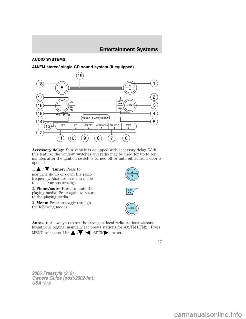 FORD FREESTYLE 2006 1.G User Guide AUDIO SYSTEMS
AM/FM stereo/ single CD sound system (if equipped)
Accessory delay:Your vehicle is equipped with accessory delay. With
this feature, the window switches and radio may be used for up to t FORD FREESTYLE 2006 1.G User Guide AUDIO SYSTEMS
AM/FM stereo/ single CD sound system (if equipped)
Accessory delay:Your vehicle is equipped with accessory delay. With
this feature, the window switches and radio may be used for up to t