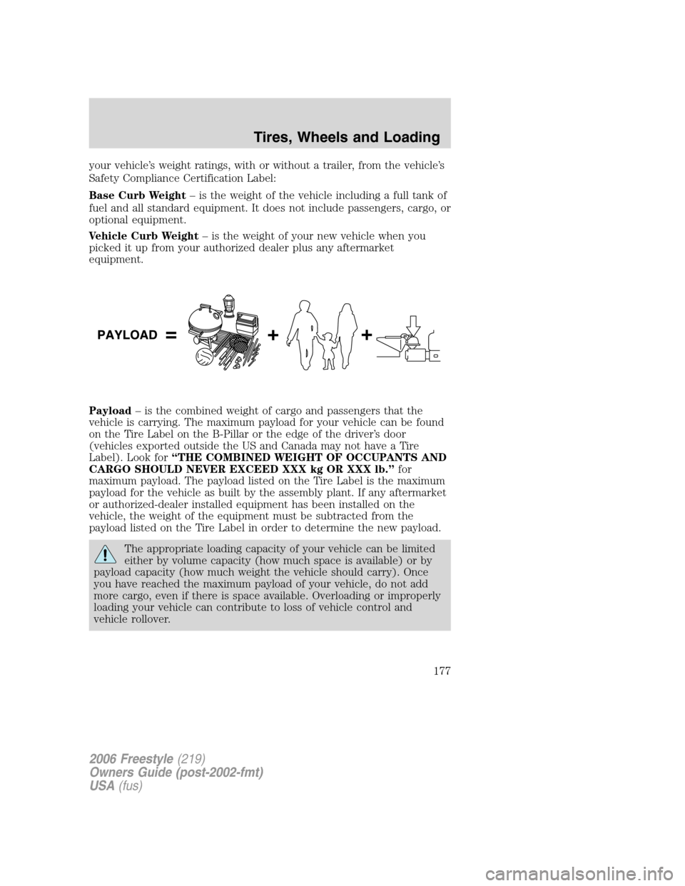 FORD FREESTYLE 2006 1.G Owners Manual your vehicle’s weight ratings, with or without a trailer, from the vehicle’s
Safety Compliance Certification Label:
Base Curb Weight– is the weight of the vehicle including a full tank of
fuel a