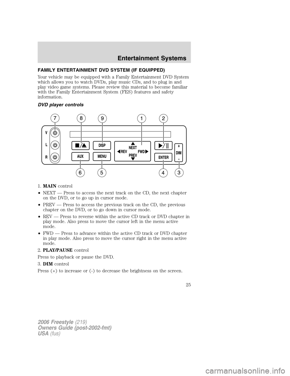 FORD FREESTYLE 2006 1.G Owners Manual FAMILY ENTERTAINMENT DVD SYSTEM (IF EQUIPPED)
Your vehicle may be equipped with a Family Entertainment DVD System
which allows you to watch DVDs, play music CDs, and to plug in and
play video game sys