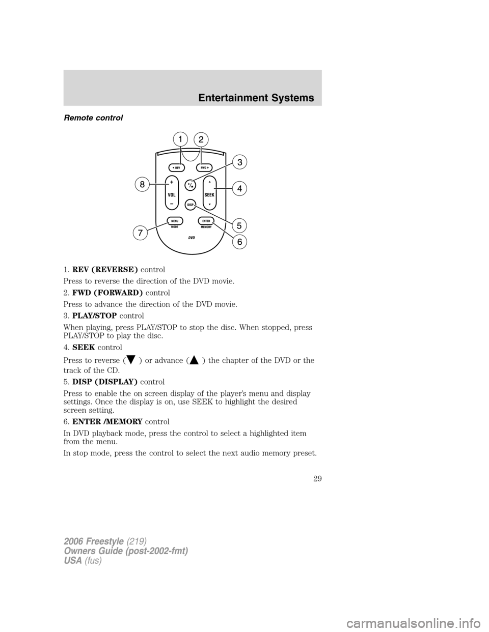 FORD FREESTYLE 2006 1.G Owners Manual Remote control
1.REV (REVERSE)control
Press to reverse the direction of the DVD movie.
2.FWD (FORWARD)control
Press to advance the direction of the DVD movie.
3.PLAY/STOPcontrol
When playing, press PL