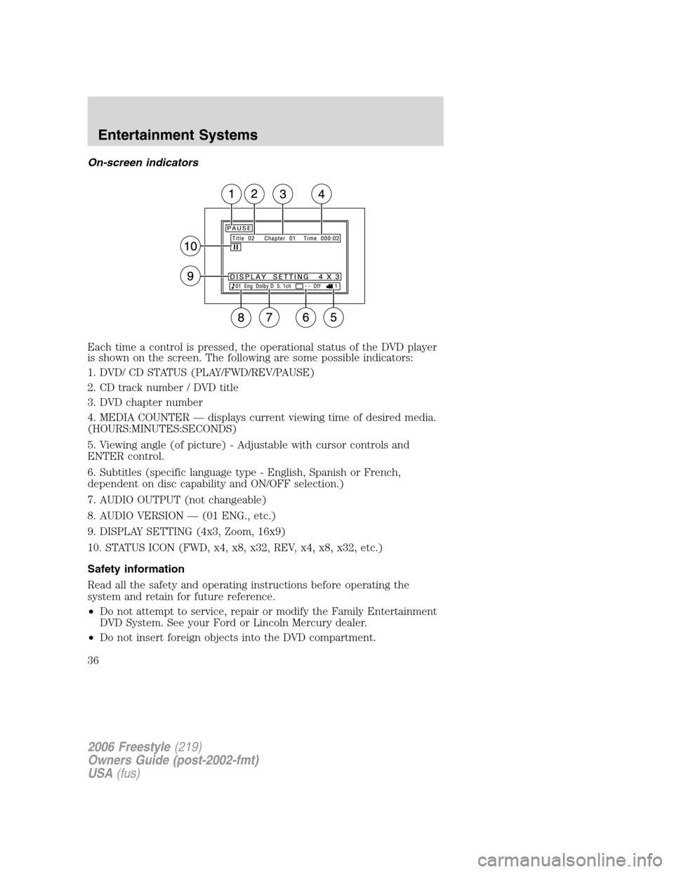 FORD FREESTYLE 2006 1.G Owners Guide On-screen indicators
Each time a control is pressed, the operational status of the DVD player
is shown on the screen. The following are some possible indicators:
1. DVD/ CD STATUS (PLAY/FWD/REV/PAUSE)