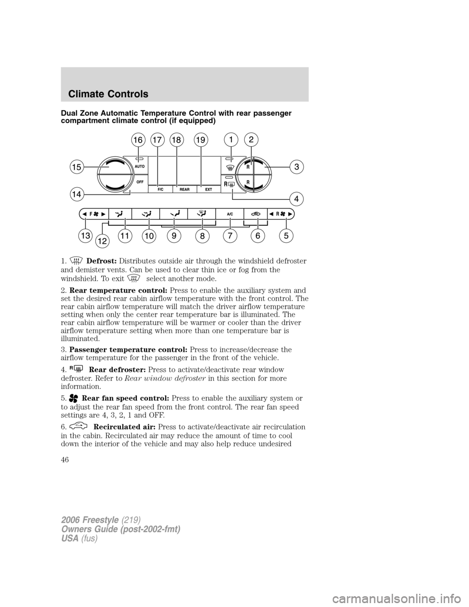 FORD FREESTYLE 2006 1.G Service Manual Dual Zone Automatic Temperature Control with rear passenger
compartment climate control (if equipped)
1.
Defrost:Distributes outside air through the windshield defroster
and demister vents. Can be use FORD FREESTYLE 2006 1.G Service Manual Dual Zone Automatic Temperature Control with rear passenger
compartment climate control (if equipped)
1.
Defrost:Distributes outside air through the windshield defroster
and demister vents. Can be use