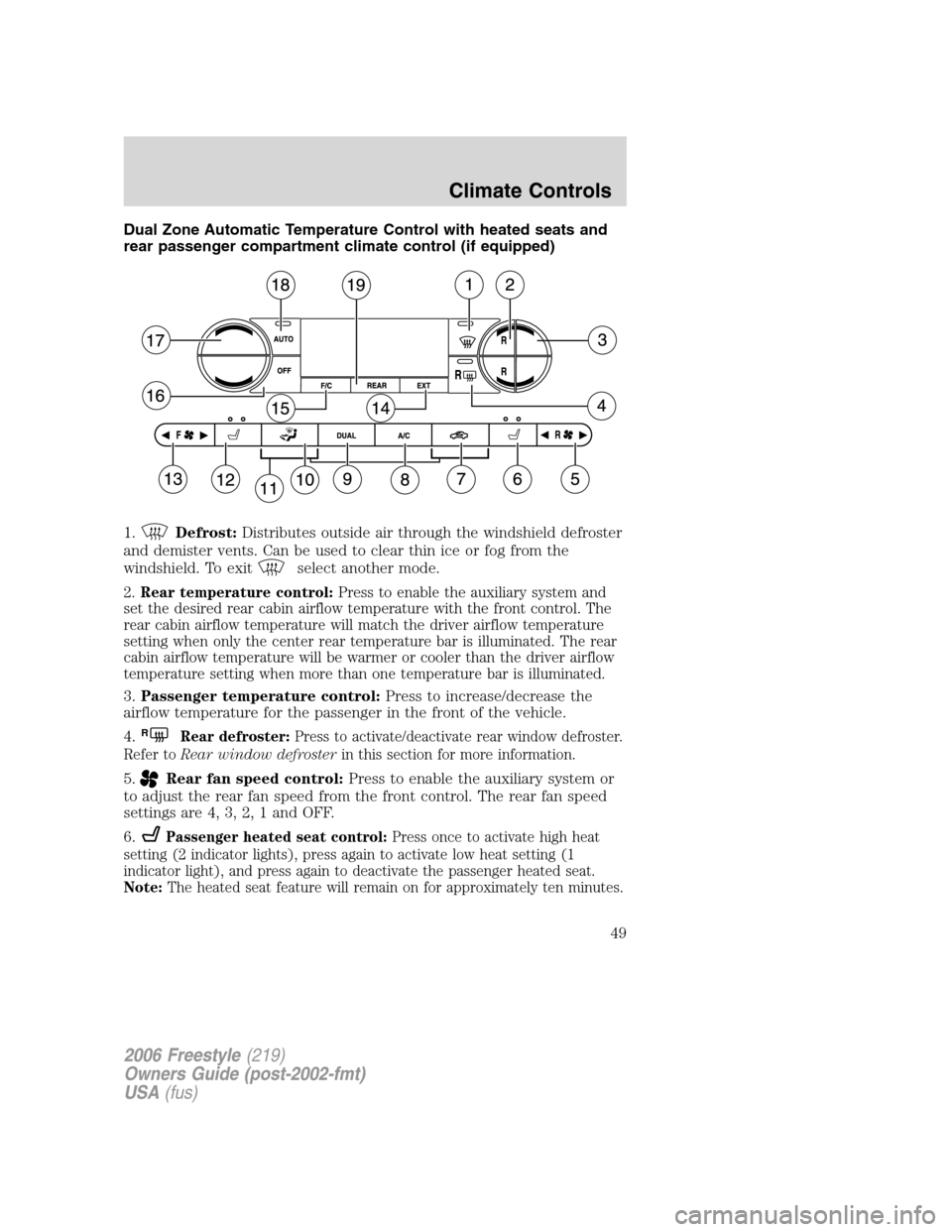 FORD FREESTYLE 2006 1.G Service Manual Dual Zone Automatic Temperature Control with heated seats and
rear passenger compartment climate control (if equipped)
1.
Defrost:Distributes outside air through the windshield defroster
and demister 
