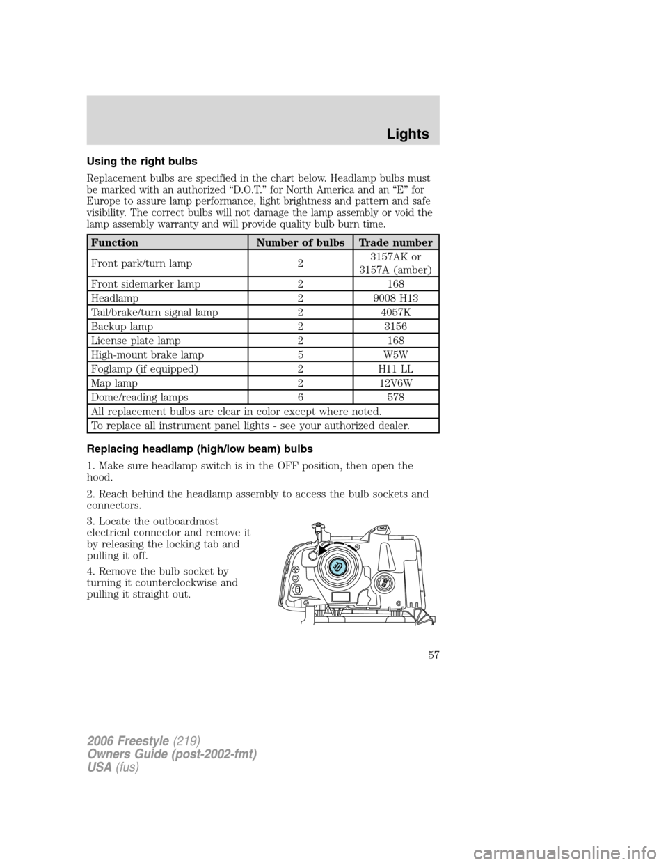 FORD FREESTYLE 2006 1.G Workshop Manual Using the right bulbs
Replacement bulbs are specified in the chart below. Headlamp bulbs must
be marked with an authorized “D.O.T.” for North America and an “E” for
Europe to assure lamp perfo FORD FREESTYLE 2006 1.G Workshop Manual Using the right bulbs
Replacement bulbs are specified in the chart below. Headlamp bulbs must
be marked with an authorized “D.O.T.” for North America and an “E” for
Europe to assure lamp perfo