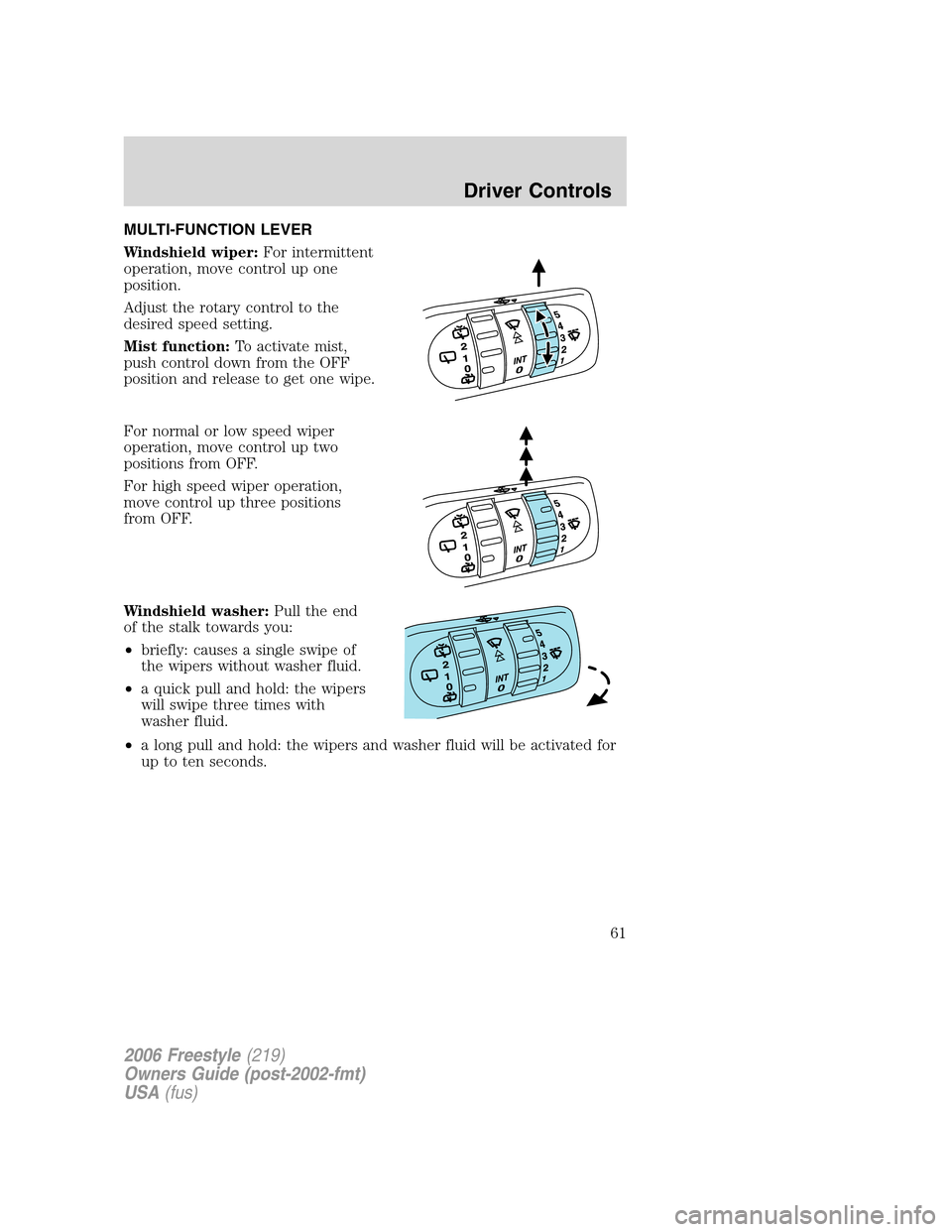 FORD FREESTYLE 2006 1.G Repair Manual MULTI-FUNCTION LEVER
Windshield wiper:For intermittent
operation, move control up one
position.
Adjust the rotary control to the
desired speed setting.
Mist function:To activate mist,
push control dow