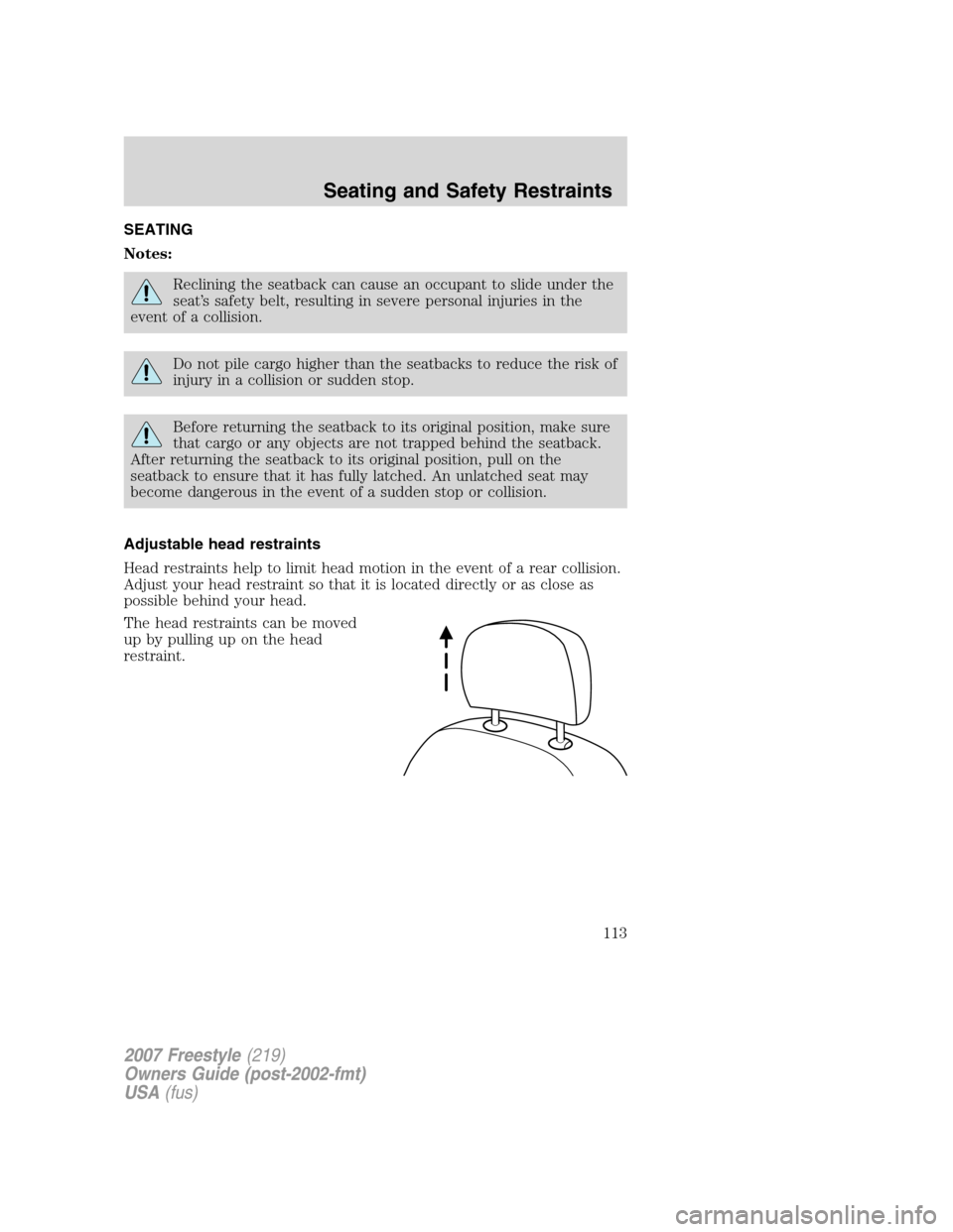 FORD FREESTYLE 2007 1.G Owners Manual SEATING
Notes:
Reclining the seatback can cause an occupant to slide under the
seat’s safety belt, resulting in severe personal injuries in the
event of a collision.
Do not pile cargo higher than th FORD FREESTYLE 2007 1.G Owners Manual SEATING
Notes:
Reclining the seatback can cause an occupant to slide under the
seat’s safety belt, resulting in severe personal injuries in the
event of a collision.
Do not pile cargo higher than th
