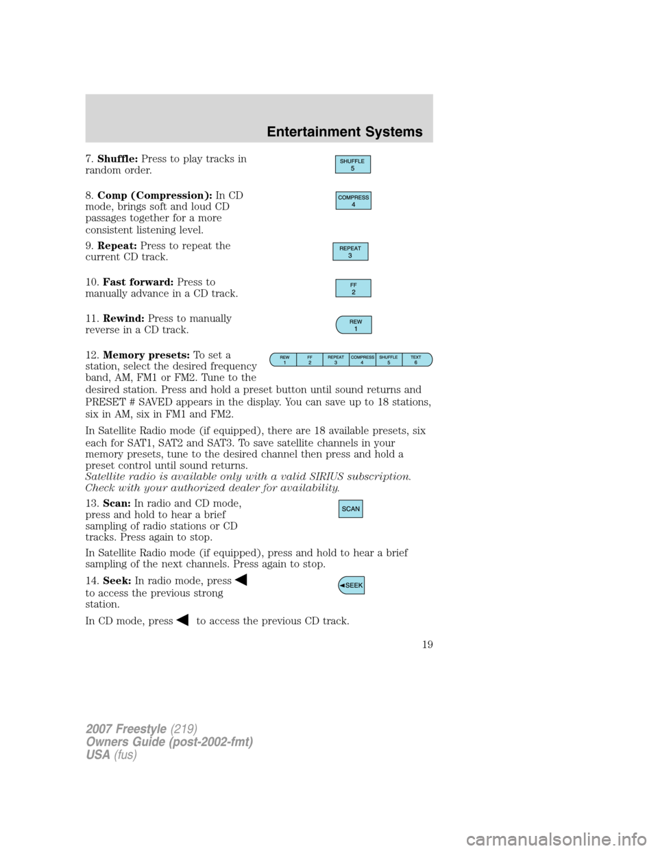 FORD FREESTYLE 2007 1.G User Guide 7.Shuffle:Press to play tracks in
random order.
8.Comp (Compression):In CD
mode, brings soft and loud CD
passages together for a more
consistent listening level.
9.Repeat:Press to repeat the
current C