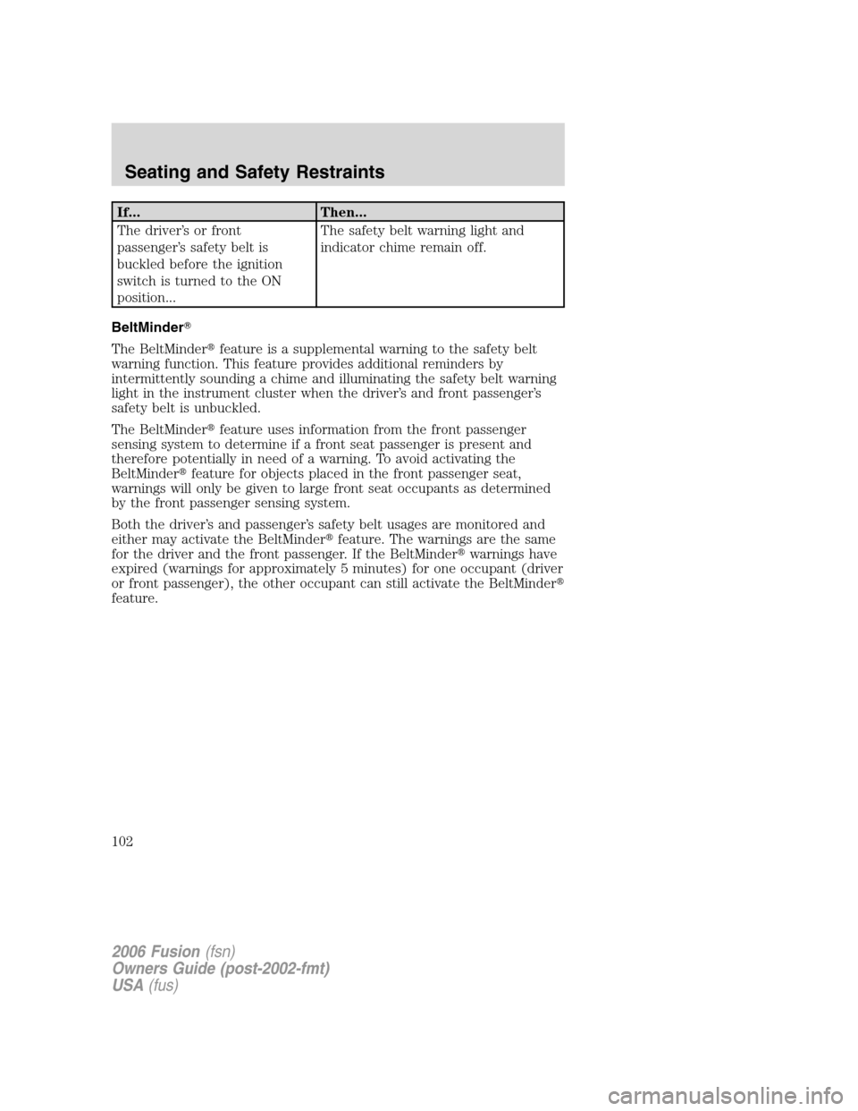 FORD FUSION (AMERICAS) 2006 1.G Owners Manual If... Then...
The driver’s or front
passenger’s safety belt is
buckled before the ignition
switch is turned to the ON
position...The safety belt warning light and
indicator chime remain off.
BeltM