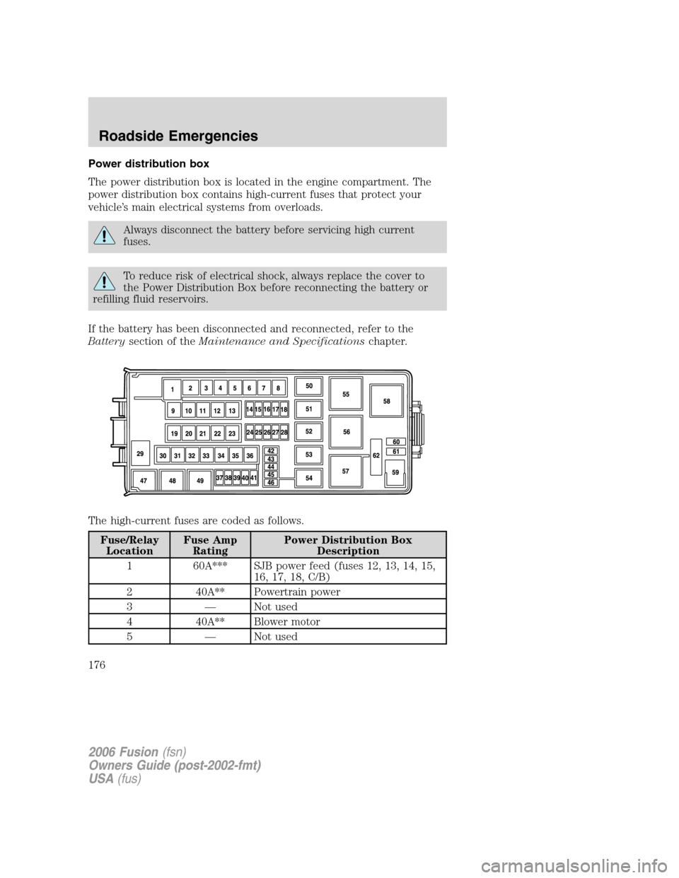 FORD FUSION (AMERICAS) 2006 1.G Owners Manual Power distribution box
The power distribution box is located in the engine compartment. The
power distribution box contains high-current fuses that protect your
vehicle’s main electrical systems fro FORD FUSION (AMERICAS) 2006 1.G Owners Manual Power distribution box
The power distribution box is located in the engine compartment. The
power distribution box contains high-current fuses that protect your
vehicle’s main electrical systems fro