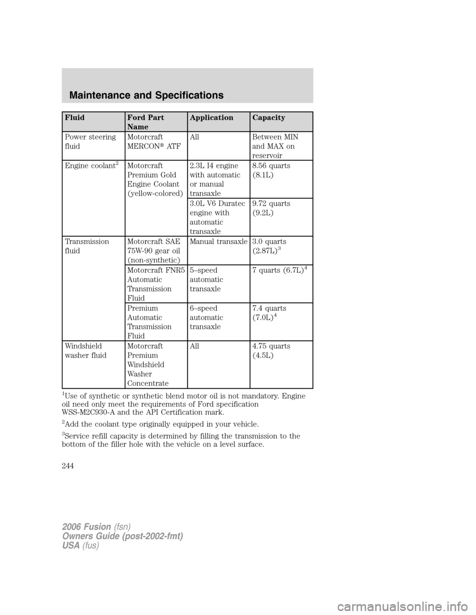 FORD FUSION (AMERICAS) 2006 1.G Owners Manual Fluid Ford Part
NameApplication Capacity
Power steering
fluidMotorcraft
MERCONAT FAll Between MIN
and MAX on
reservoir
Engine coolant
2Motorcraft
Premium Gold
Engine Coolant
(yellow-colored)2.3L I4 e