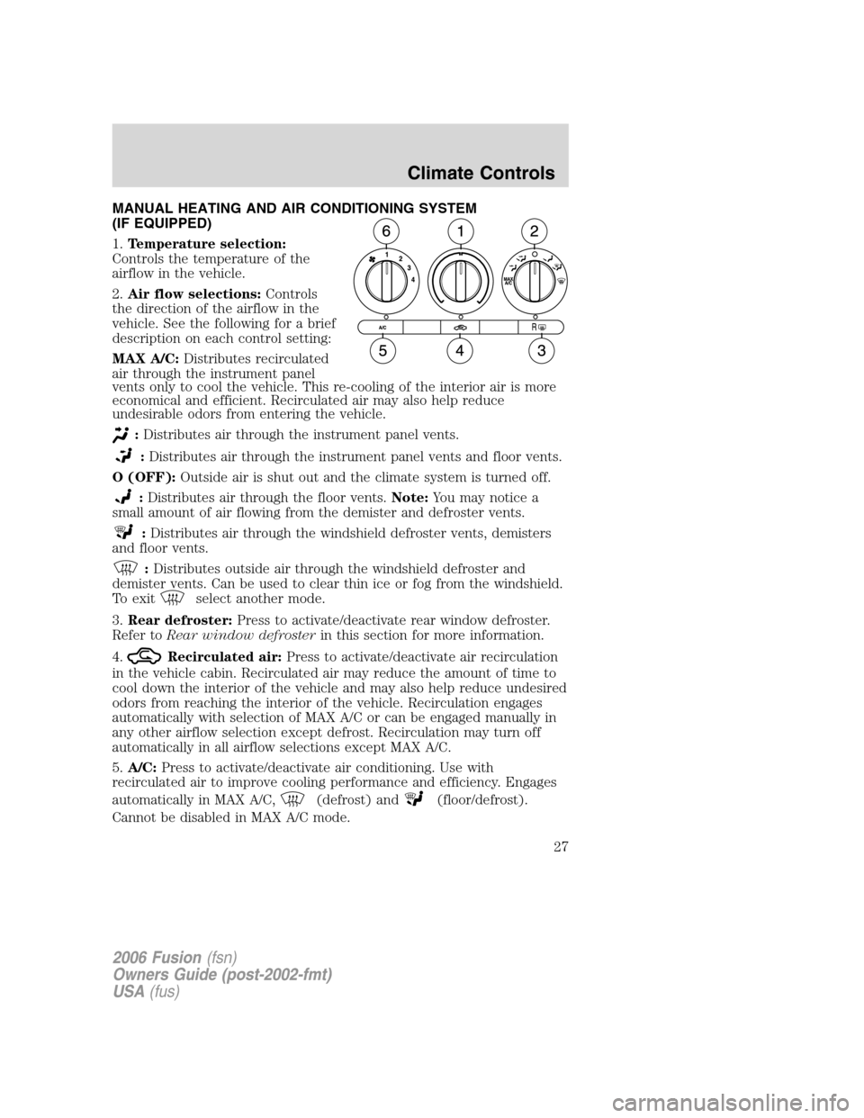 FORD FUSION (AMERICAS) 2006 1.G Owners Manual MANUAL HEATING AND AIR CONDITIONING SYSTEM
(IF EQUIPPED)
1.Temperature selection:
Controls the temperature of the
airflow in the vehicle.
2.Air flow selections:Controls
the direction of the airflow in