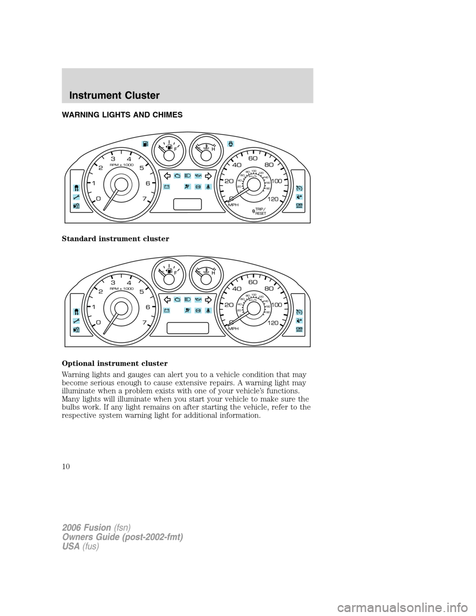FORD FUSION (AMERICAS) 2006 1.G Owners Manual WARNING LIGHTS AND CHIMES
Standard instrument cluster
Optional instrument cluster
Warning lights and gauges can alert you to a vehicle condition that may
become serious enough to cause extensive repai FORD FUSION (AMERICAS) 2006 1.G Owners Manual WARNING LIGHTS AND CHIMES
Standard instrument cluster
Optional instrument cluster
Warning lights and gauges can alert you to a vehicle condition that may
become serious enough to cause extensive repai
