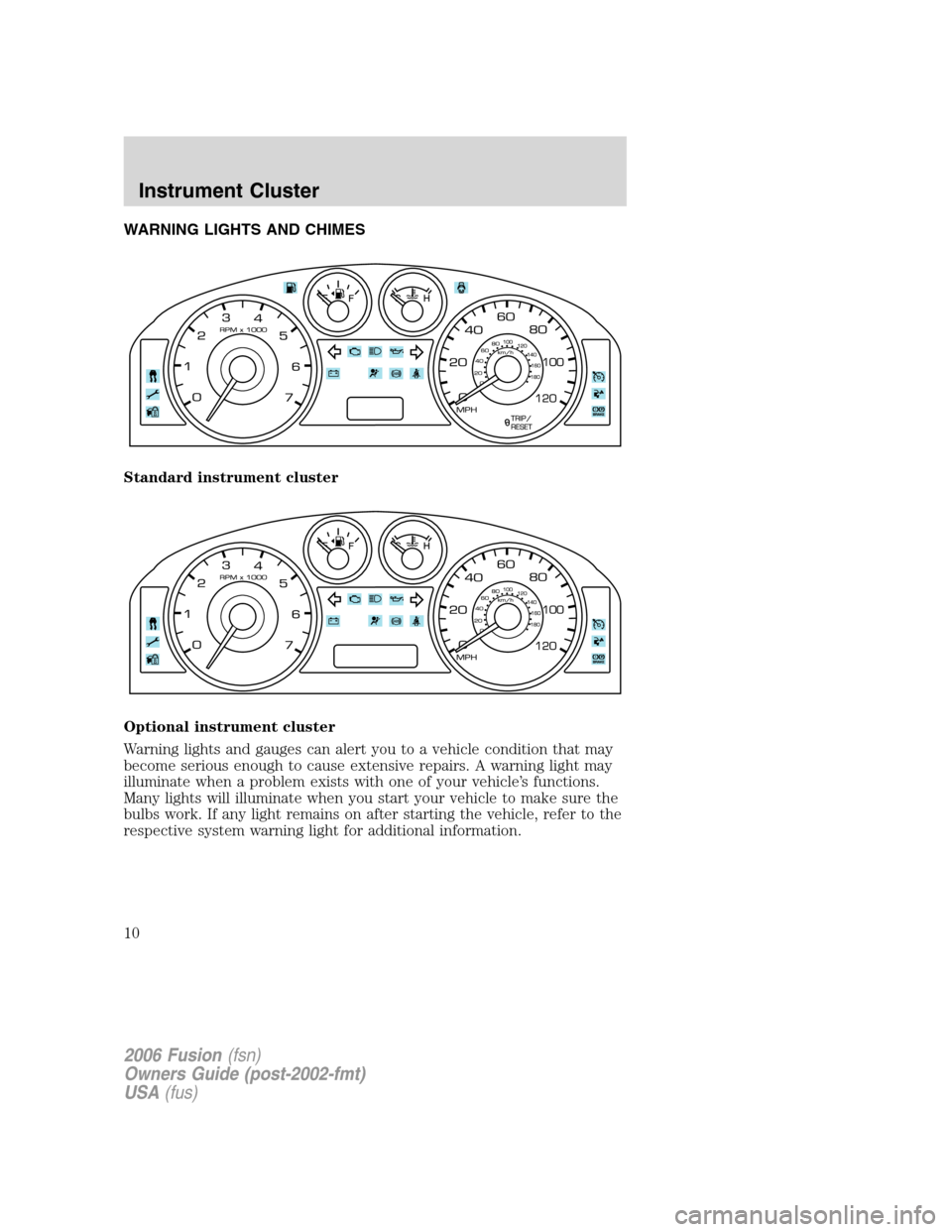 FORD FUSION (AMERICAS) 2006 1.G Owners Manual WARNING LIGHTS AND CHIMES
Standard instrument cluster
Optional instrument cluster
Warning lights and gauges can alert you to a vehicle condition that may
become serious enough to cause extensive repai