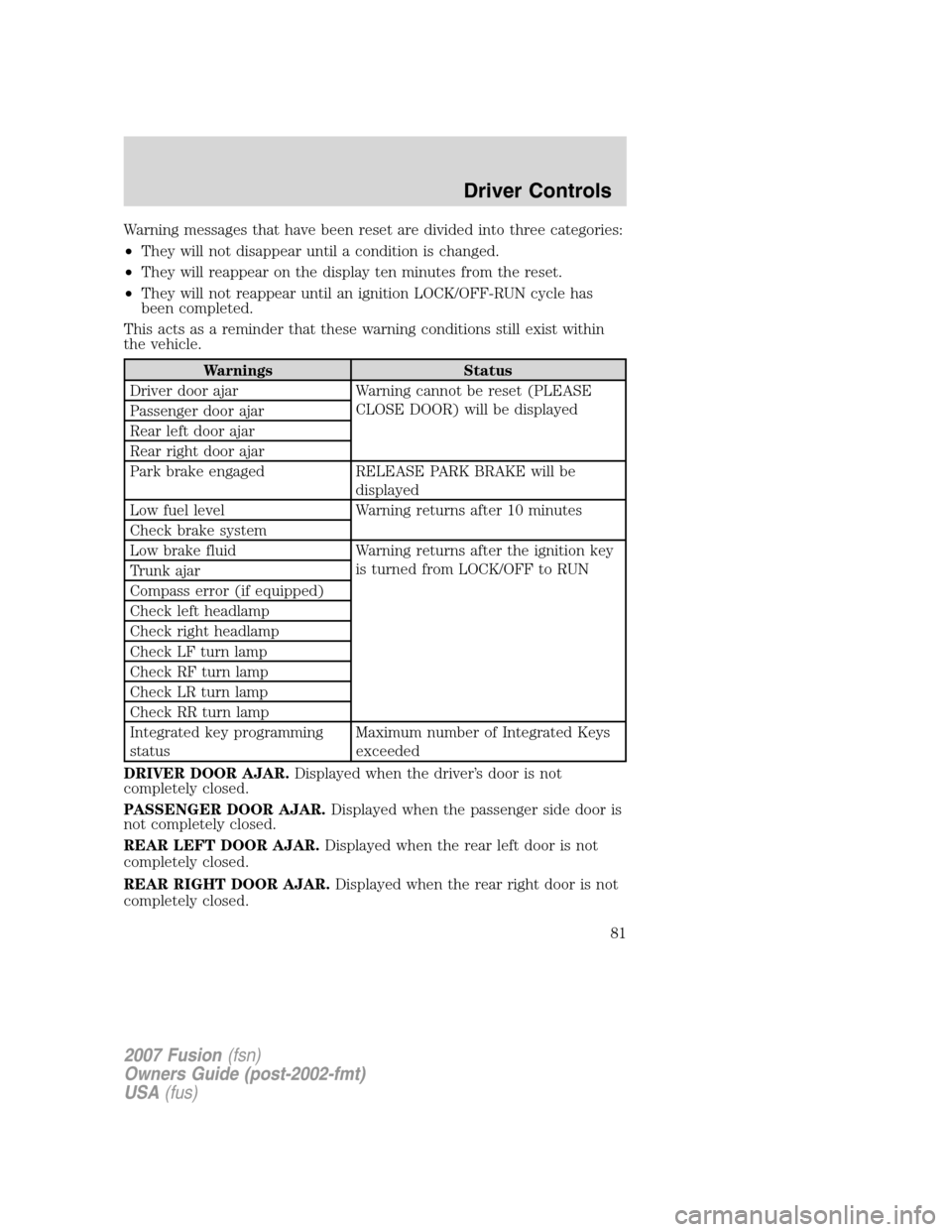 FORD FUSION (AMERICAS) 2007 1.G Owners Manual Warning messages that have been reset are divided into three categories:
•They will not disappear until a condition is changed.
•They will reappear on the display ten minutes from the reset.
•Th