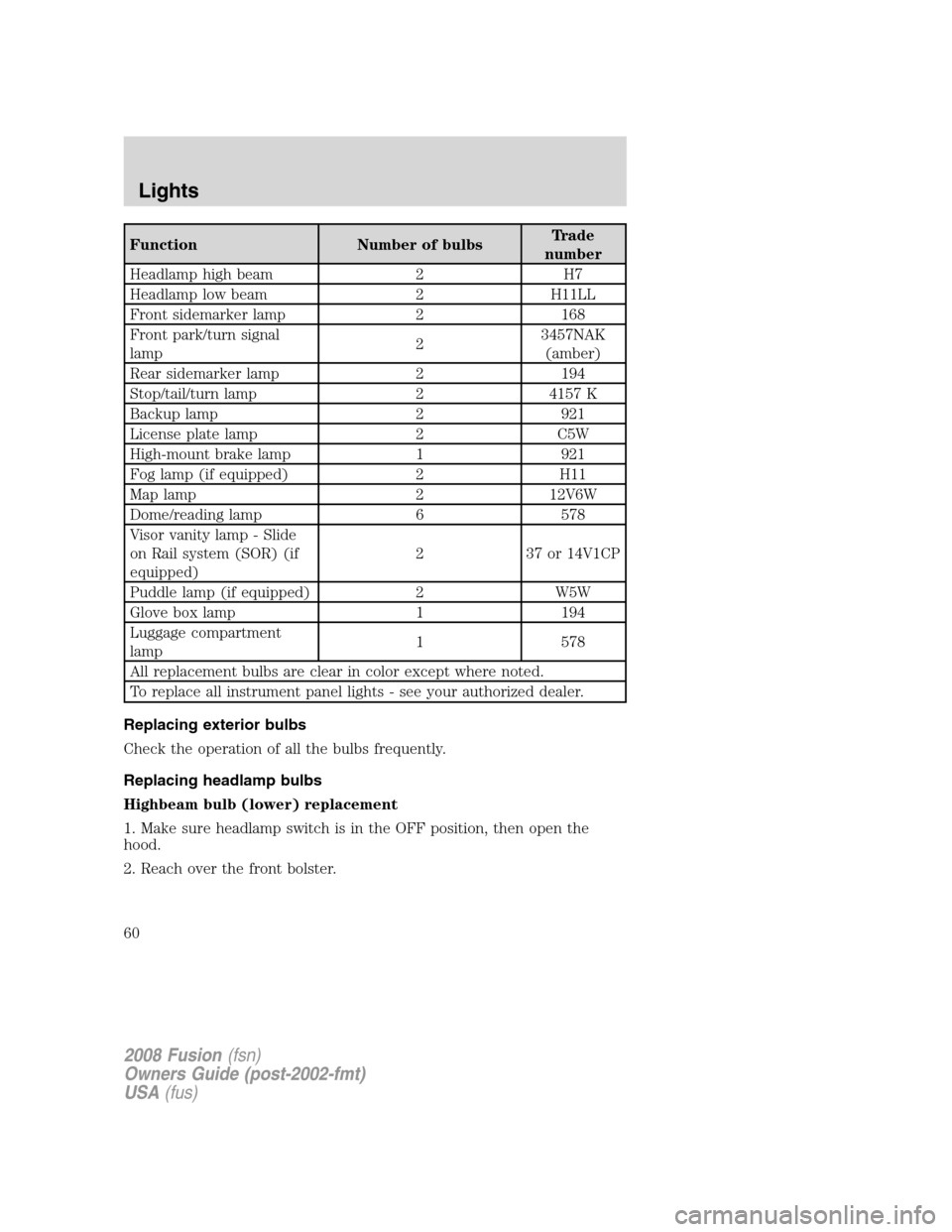 FORD FUSION (AMERICAS) 2008 1.G Workshop Manual Function Number of bulbsTrade
number
Headlamp high beam 2 H7
Headlamp low beam 2 H11LL
Front sidemarker lamp 2 168
Front park/turn signal
lamp23457NAK
(amber)
Rear sidemarker lamp 2 194
Stop/tail/turn FORD FUSION (AMERICAS) 2008 1.G Workshop Manual Function Number of bulbsTrade
number
Headlamp high beam 2 H7
Headlamp low beam 2 H11LL
Front sidemarker lamp 2 168
Front park/turn signal
lamp23457NAK
(amber)
Rear sidemarker lamp 2 194
Stop/tail/turn