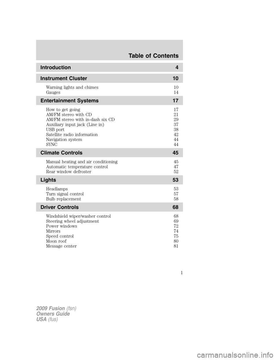 FORD FUSION (AMERICAS) 2009 1.G Owners Manual 