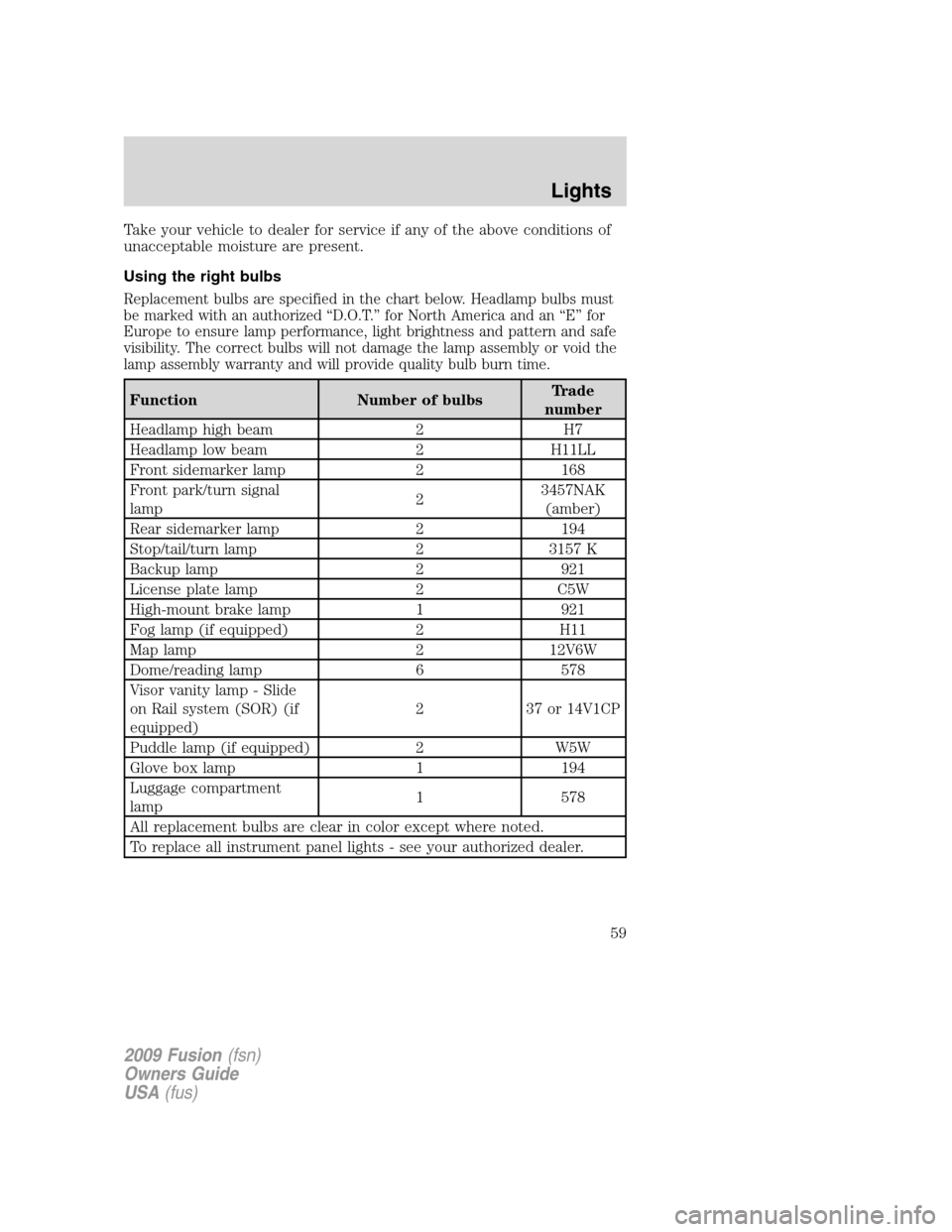 FORD FUSION (AMERICAS) 2009 1.G Workshop Manual Take your vehicle to dealer for service if any of the above conditions of
unacceptable moisture are present.
Using the right bulbs
Replacement bulbs are specified in the chart below. Headlamp bulbs mu FORD FUSION (AMERICAS) 2009 1.G Workshop Manual Take your vehicle to dealer for service if any of the above conditions of
unacceptable moisture are present.
Using the right bulbs
Replacement bulbs are specified in the chart below. Headlamp bulbs mu