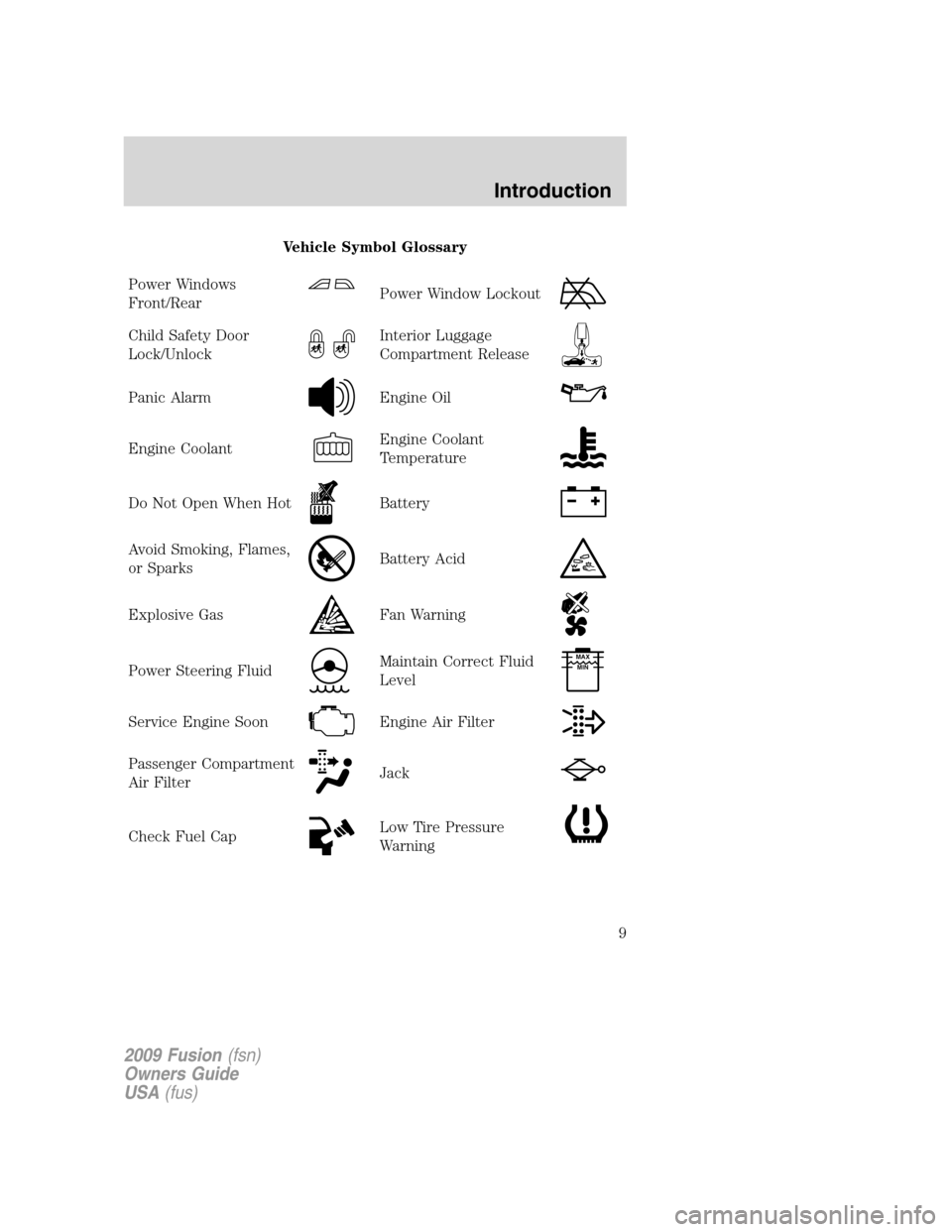 FORD FUSION (AMERICAS) 2009 1.G Owners Manual Vehicle Symbol Glossary
Power Windows
Front/Rear
Power Window Lockout
Child Safety Door
Lock/UnlockInterior Luggage
Compartment Release
Panic AlarmEngine Oil
Engine CoolantEngine Coolant
Temperature
D