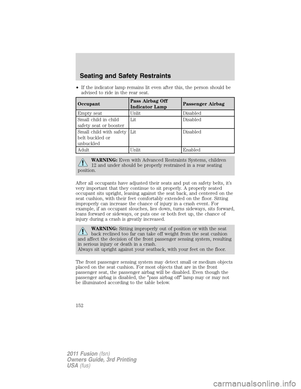 FORD FUSION (AMERICAS) 2011 1.G Owners Manual •If the indicator lamp remains lit even after this, the person should be
advised to ride in the rear seat.
OccupantPass Airbag Off
Indicator LampPassenger Airbag
Empty seat Unlit Disabled
Small chil