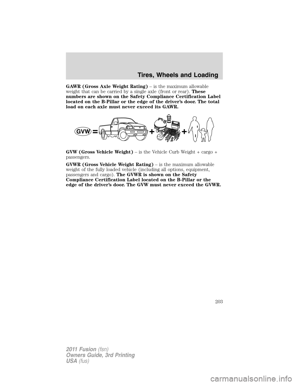 FORD FUSION (AMERICAS) 2011 1.G Owners Manual GAWR (Gross Axle Weight Rating)– is the maximum allowable
weight that can be carried by a single axle (front or rear).These
numbers are shown on the Safety Compliance Certification Label
located on 