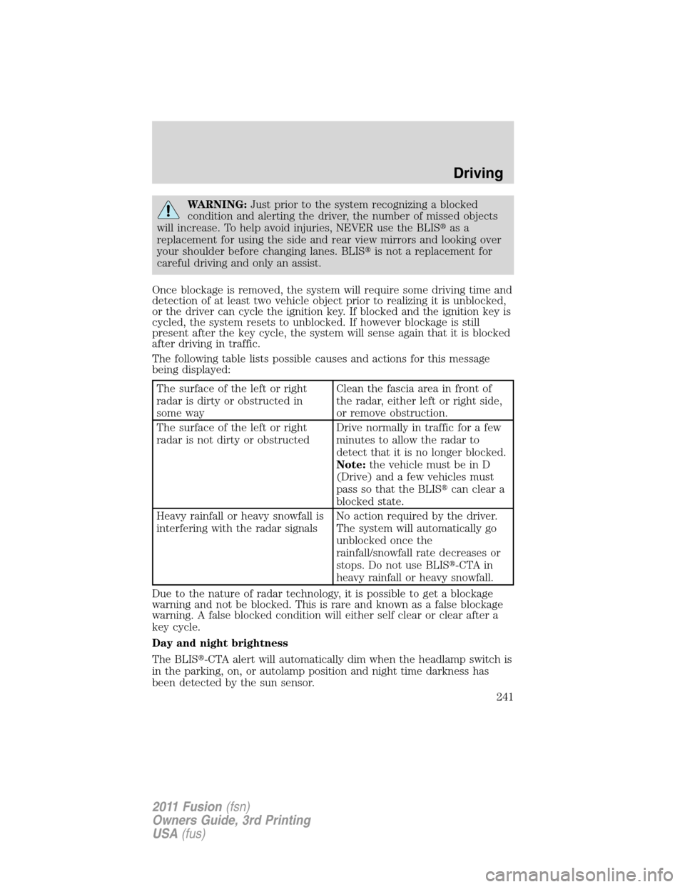 FORD FUSION (AMERICAS) 2011 1.G Owners Manual WARNING:Just prior to the system recognizing a blocked
condition and alerting the driver, the number of missed objects
will increase. To help avoid injuries, NEVER use the BLISas a
replacement for us