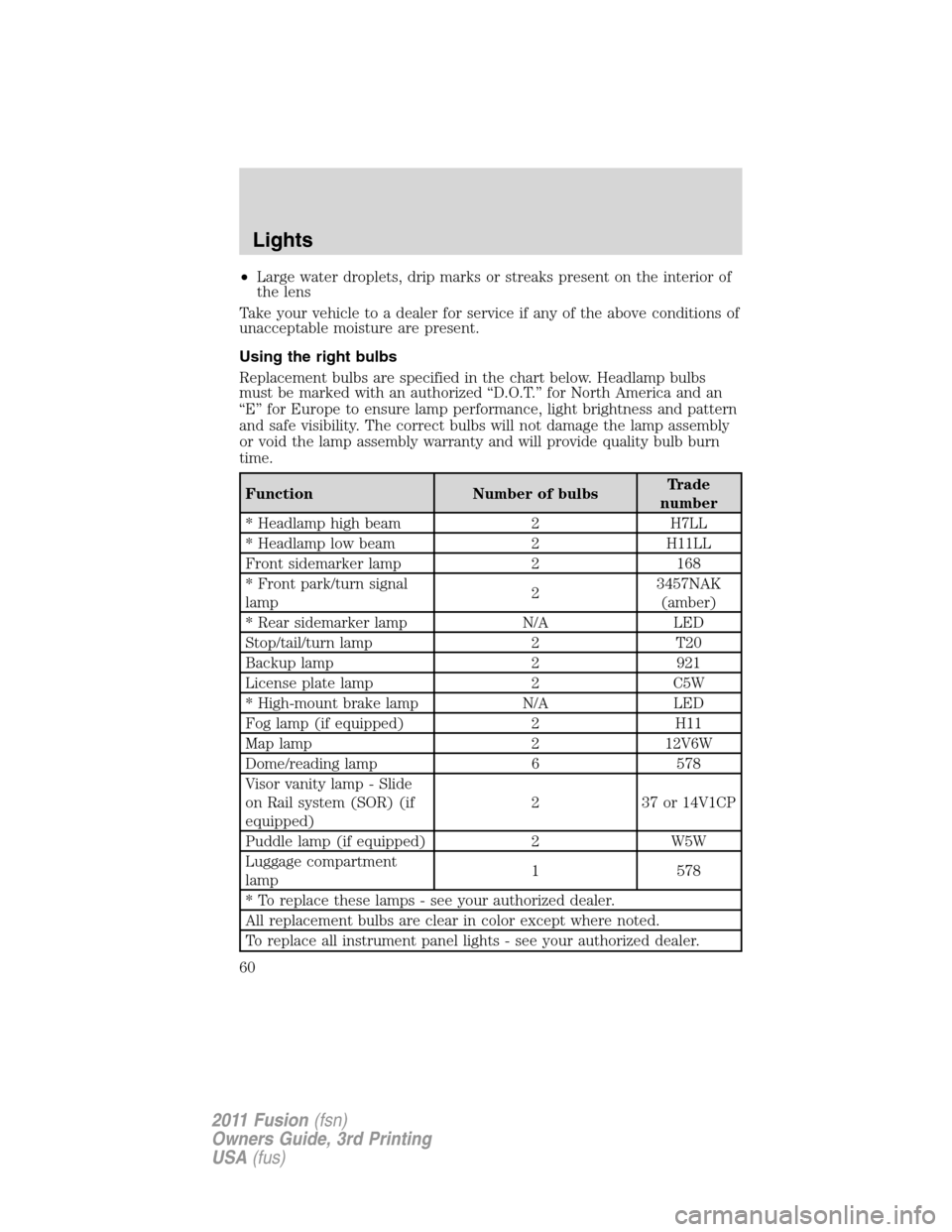 FORD FUSION (AMERICAS) 2011 1.G Workshop Manual •Large water droplets, drip marks or streaks present on the interior of
the lens
Take your vehicle to a dealer for service if any of the above conditions of
unacceptable moisture are present.
Using 