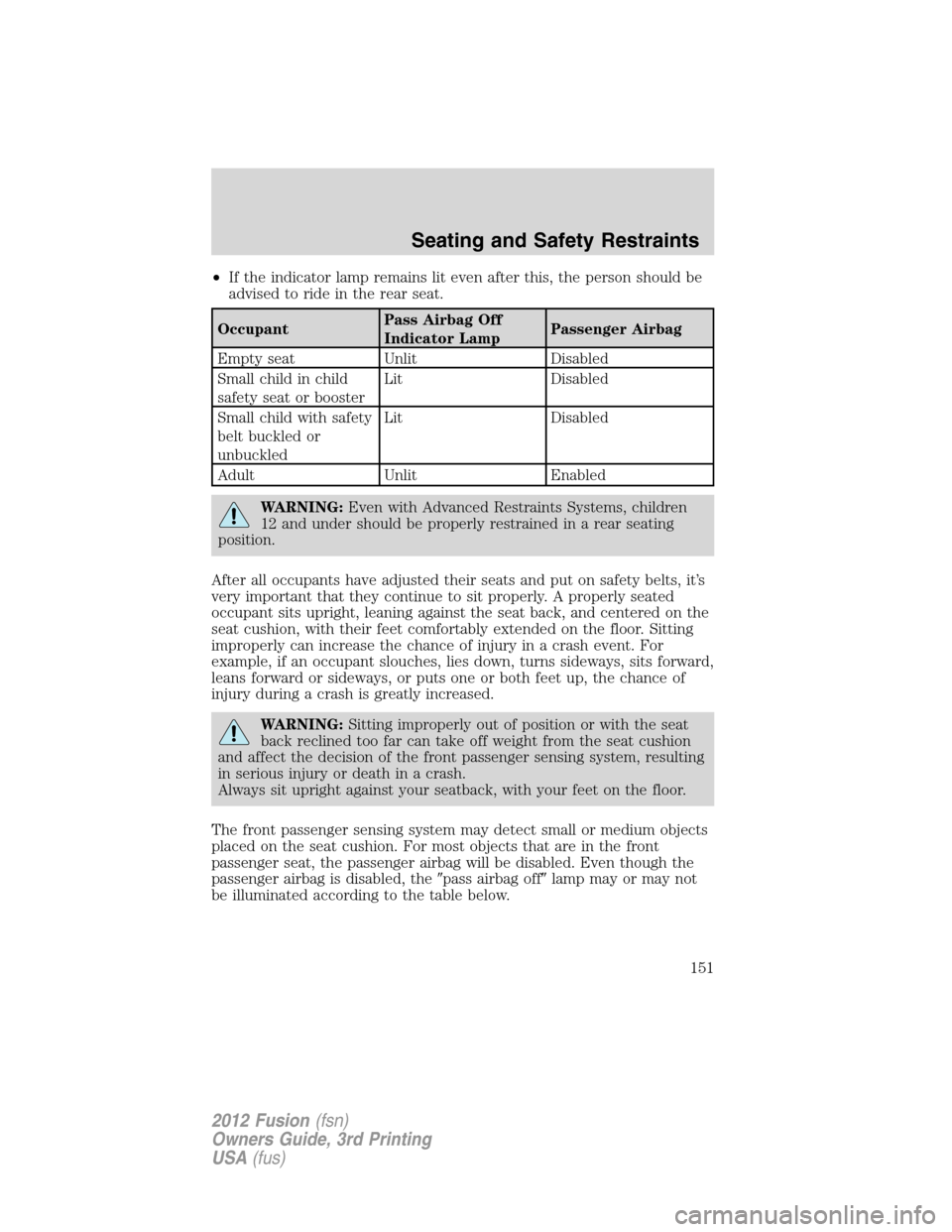 FORD FUSION (AMERICAS) 2012 1.G Owners Guide •If the indicator lamp remains lit even after this, the person should be
advised to ride in the rear seat.
OccupantPass Airbag Off
Indicator LampPassenger Airbag
Empty seat Unlit Disabled
Small chil