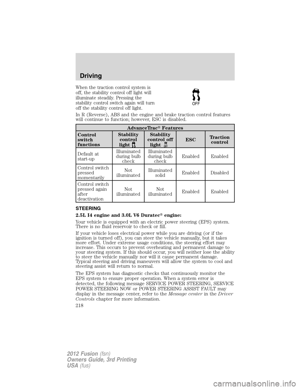 FORD FUSION (AMERICAS) 2012 1.G Owners Manual When the traction control system is
off, the stability control off light will
illuminate steadily. Pressing the
stability control switch again will turn
off the stability control off light.
In R (Reve