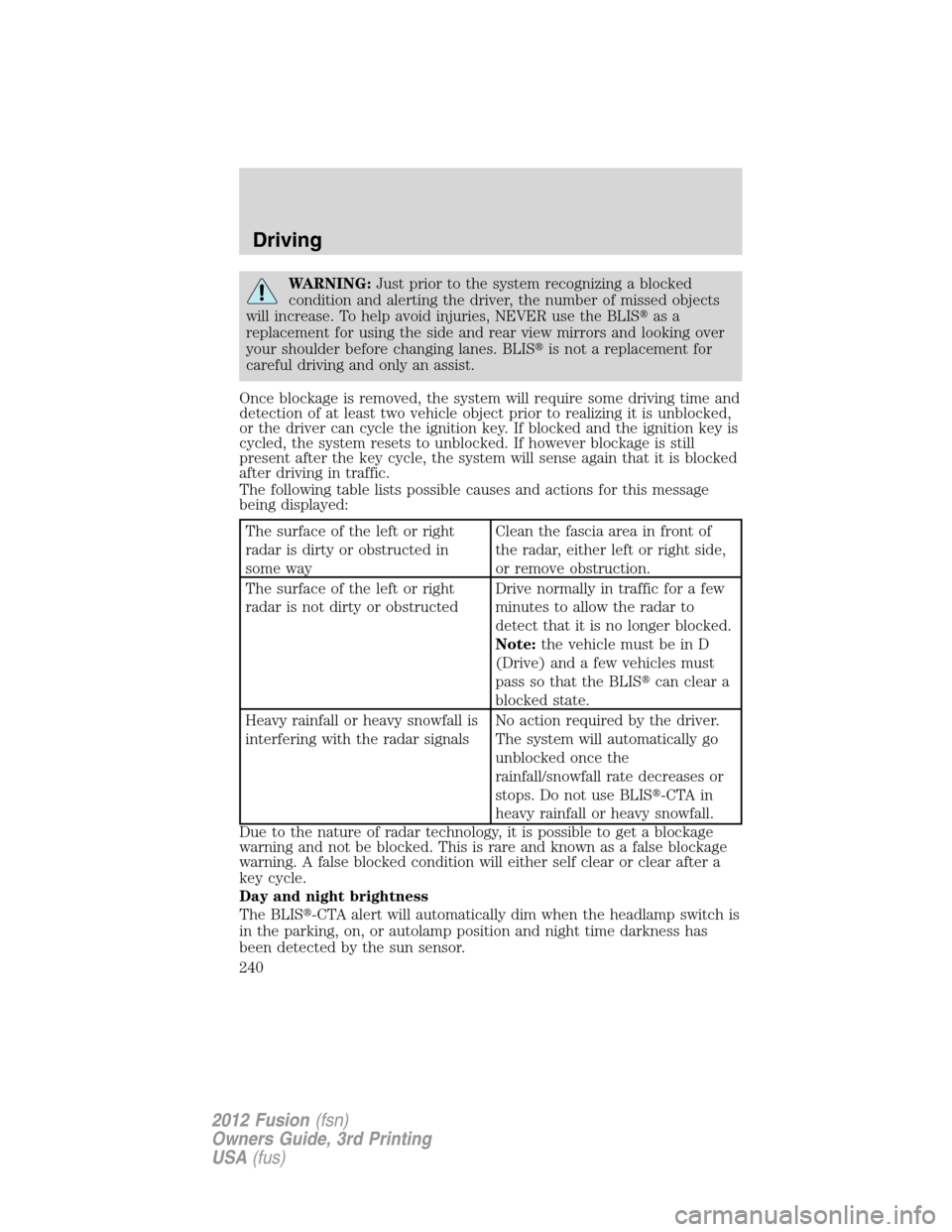 FORD FUSION (AMERICAS) 2012 1.G Owners Manual WARNING:Just prior to the system recognizing a blocked
condition and alerting the driver, the number of missed objects
will increase. To help avoid injuries, NEVER use the BLISas a
replacement for us