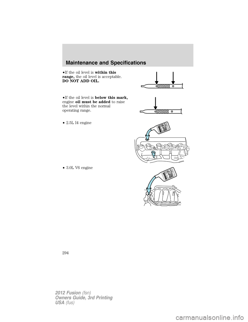 FORD FUSION (AMERICAS) 2012 1.G Owners Manual •If the oil level iswithin this
range,the oil level is acceptable.
DO NOT ADD OIL.
•If the oil level isbelow this mark,
engineoil must be addedto raise
the level within the normal
operating range.