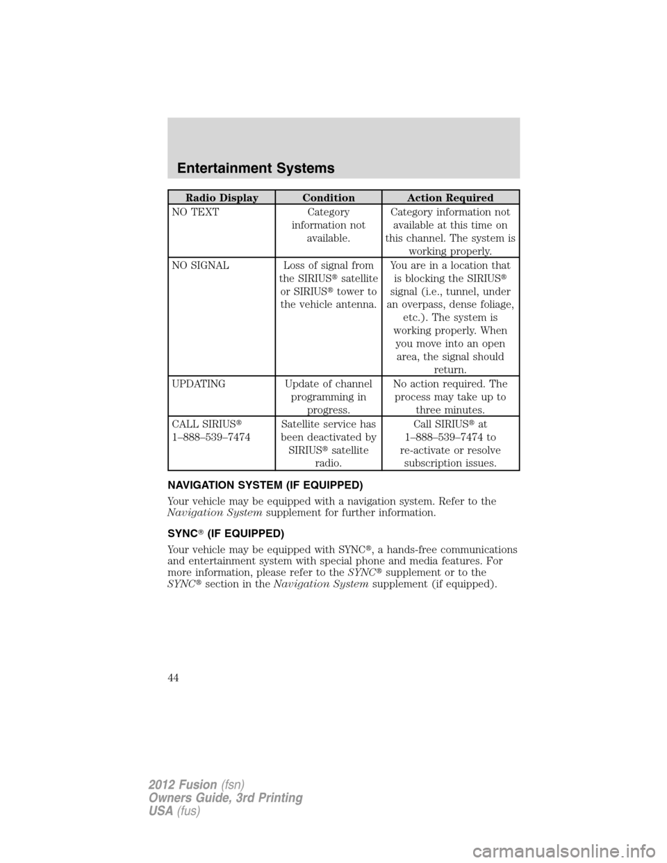 FORD FUSION (AMERICAS) 2012 1.G Service Manual Radio Display Condition Action Required
NO TEXT Category
information not
available.Category information not
available at this time on
this channel. The system is
working properly.
NO SIGNAL Loss of si